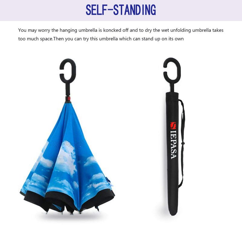 SIEPASA 49/56 Inch Inverted Reverse Upside Down Umbrella, Extra Large Double Canopy Vented Windproof Waterproof Stick Golf Umbrellas with C-shape Handle.(Sky Blue & Starry Sky, 2 pack, 49 Inch) - Image 3